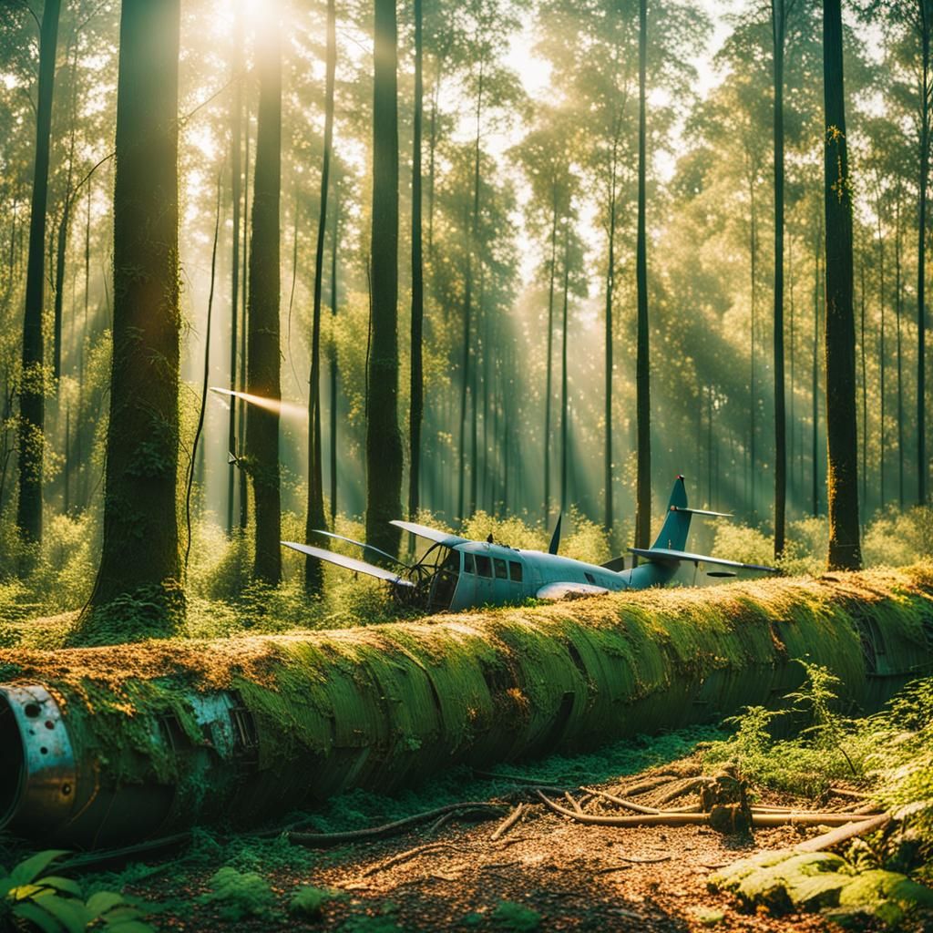 Jungle Aircraft Wreckage in Golden Hour Light