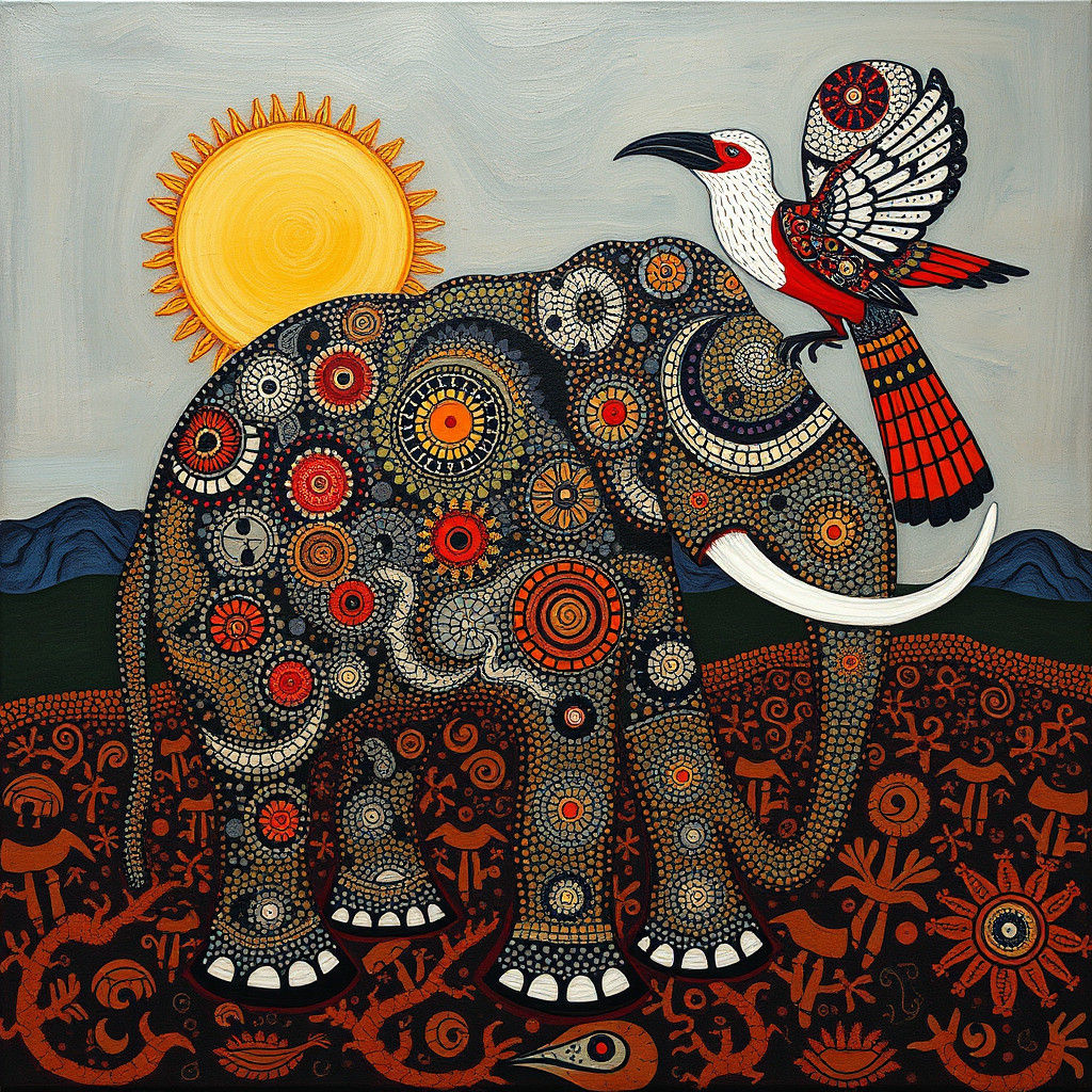Elephant and Kookaburra in Surreal Maximalist Folk Art
