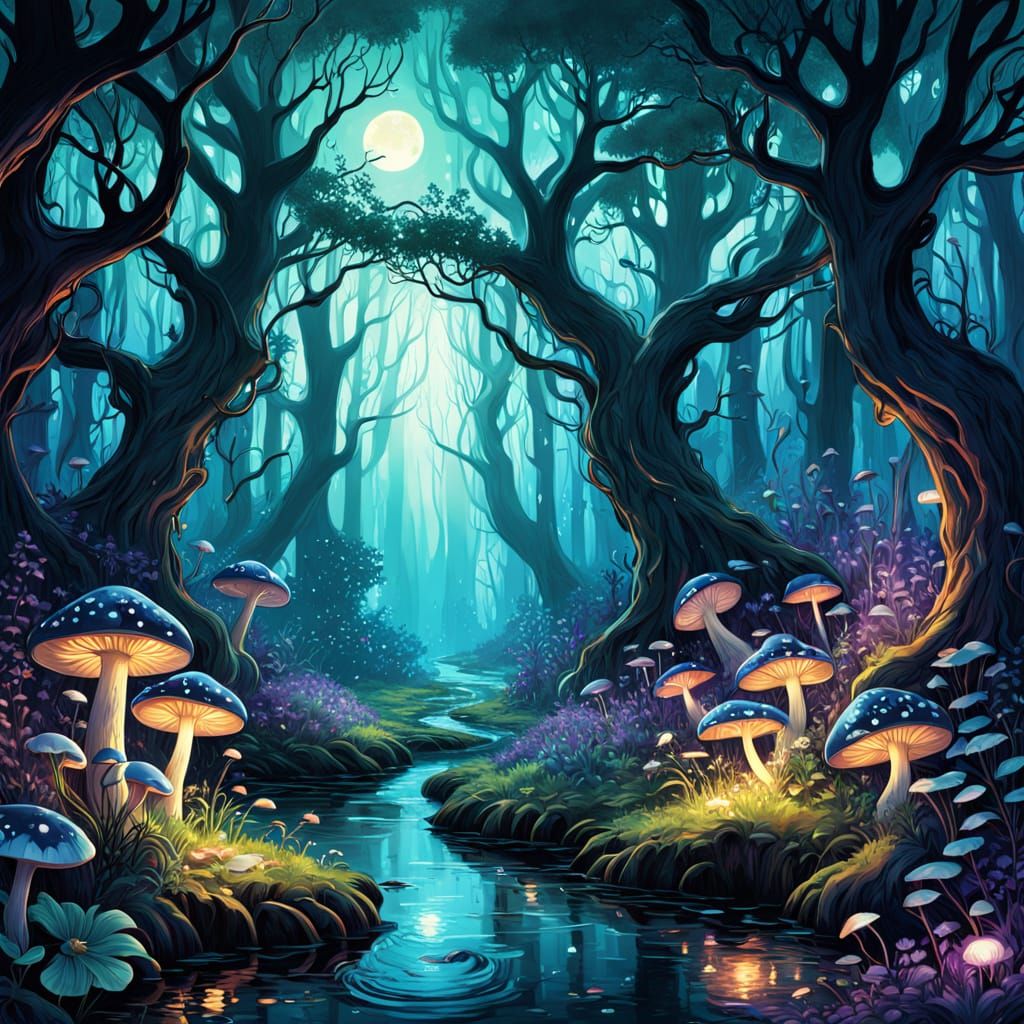 Enchanted Twilight Forest With Bioluminescent Life