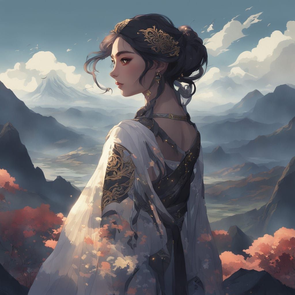 Heroic Japanese Goddess in Futuristic Landscape