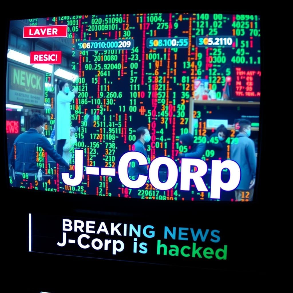 News on TV, (((typography "Breaking News: J-Corp is hacked"))) at the bottom of the TV- screen. Correct spelling. Data C...