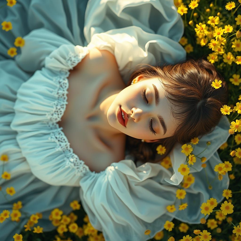 Woman in White Dress in Yellow Flowers Field, Aerial View