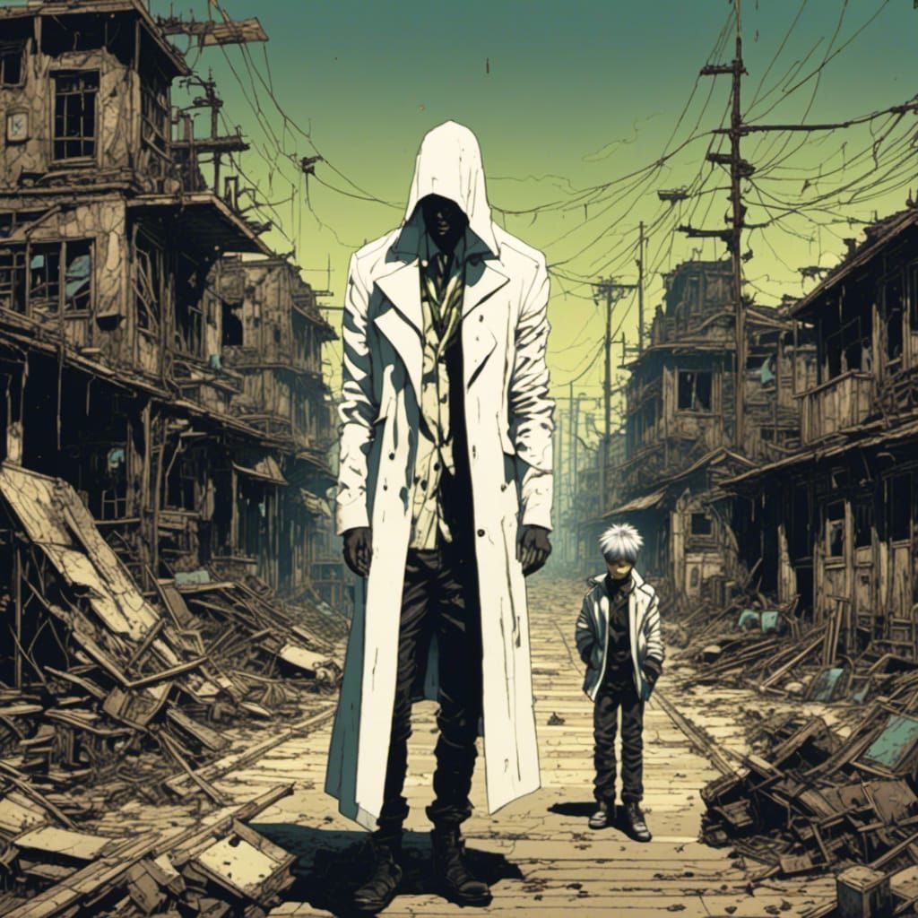 Dystopian Mentor in Vivid Post-Apocalyptic Town