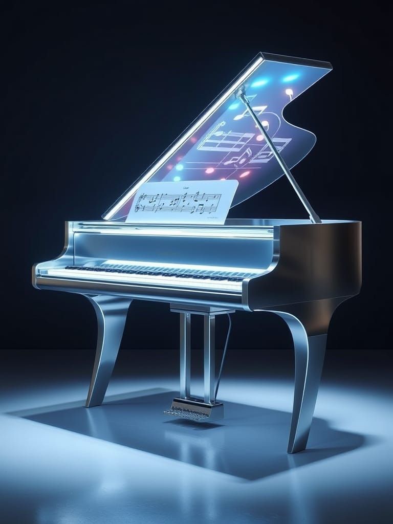 Sleek Silver Piano of the Future with Glowing Projections