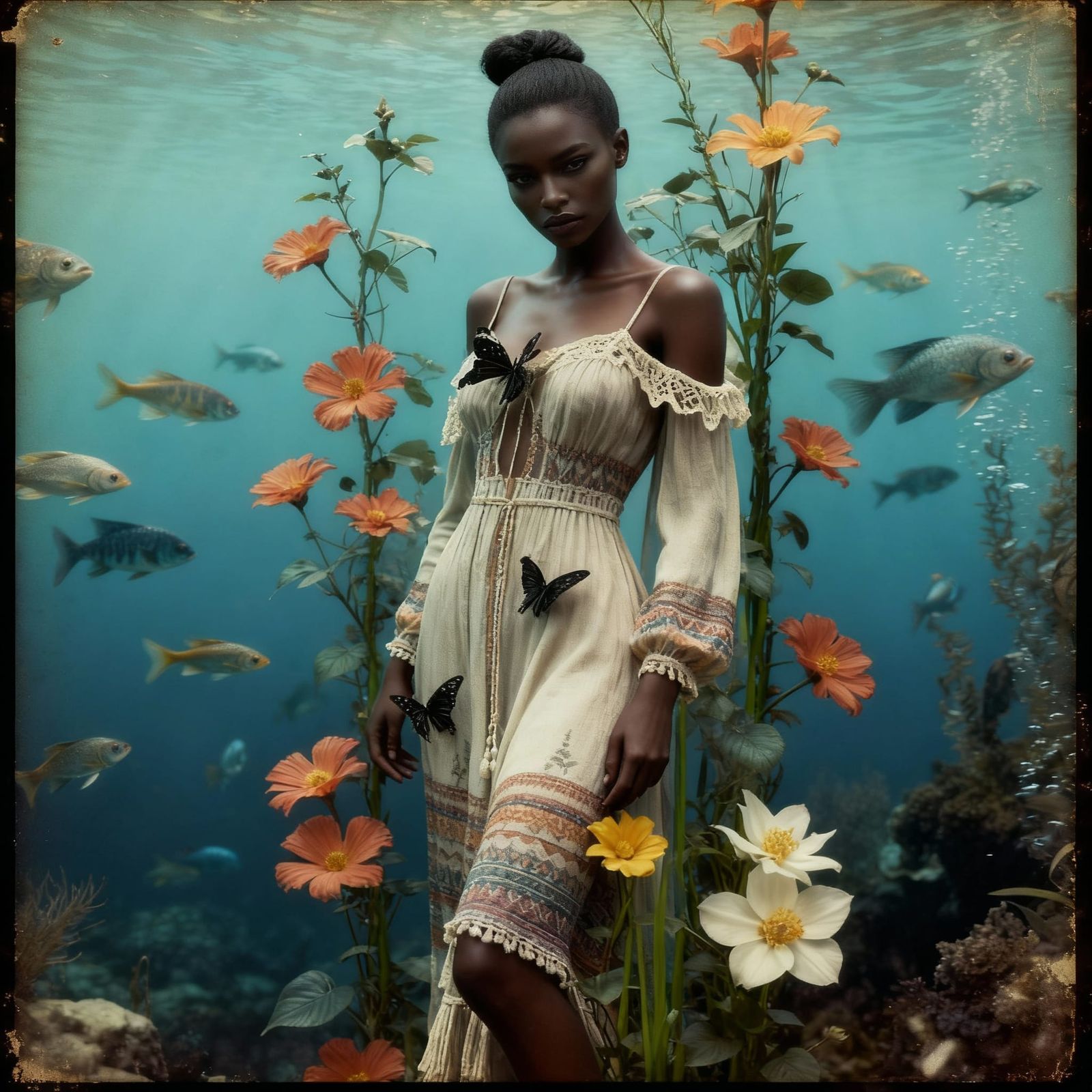 Black Supermodel in Boho Chic Dress with Nature Double Expos...