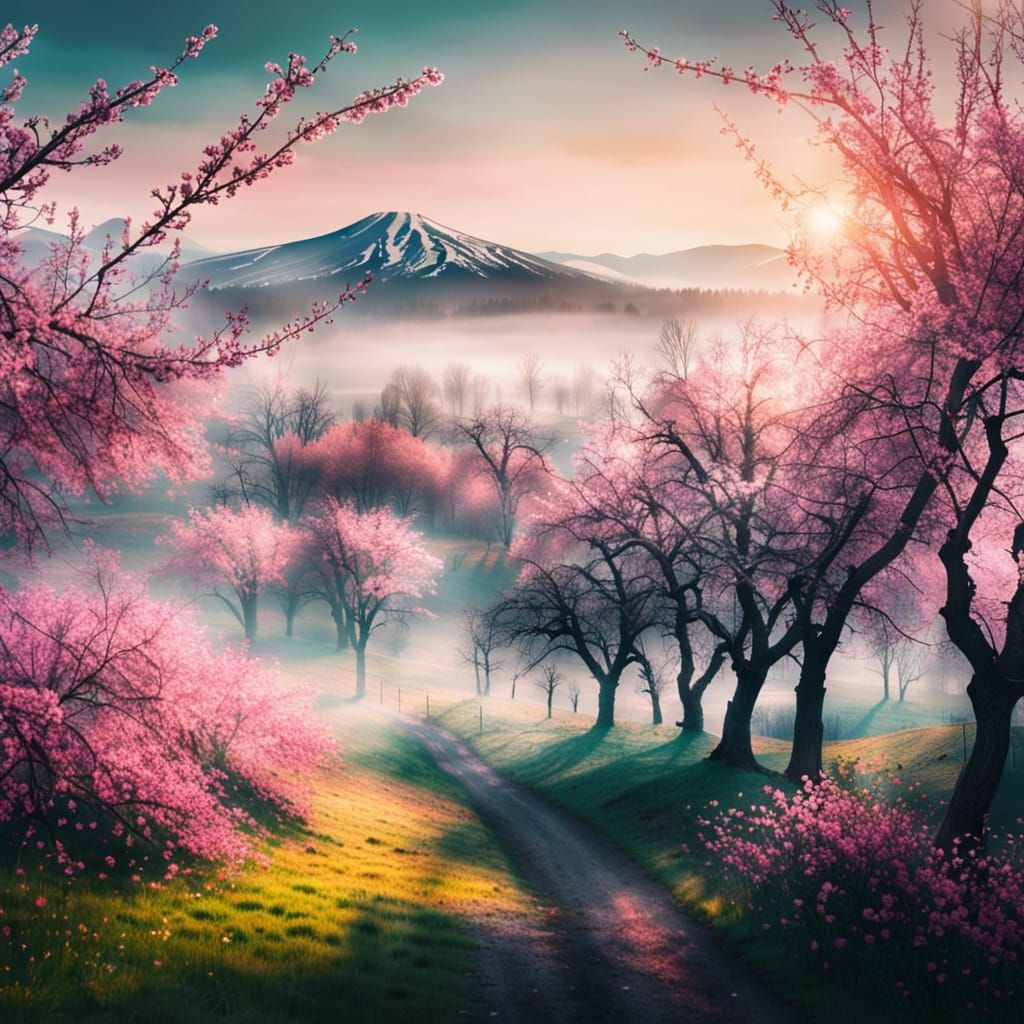 Hyperrealistic Cherry Blossom Landscape at Sunset