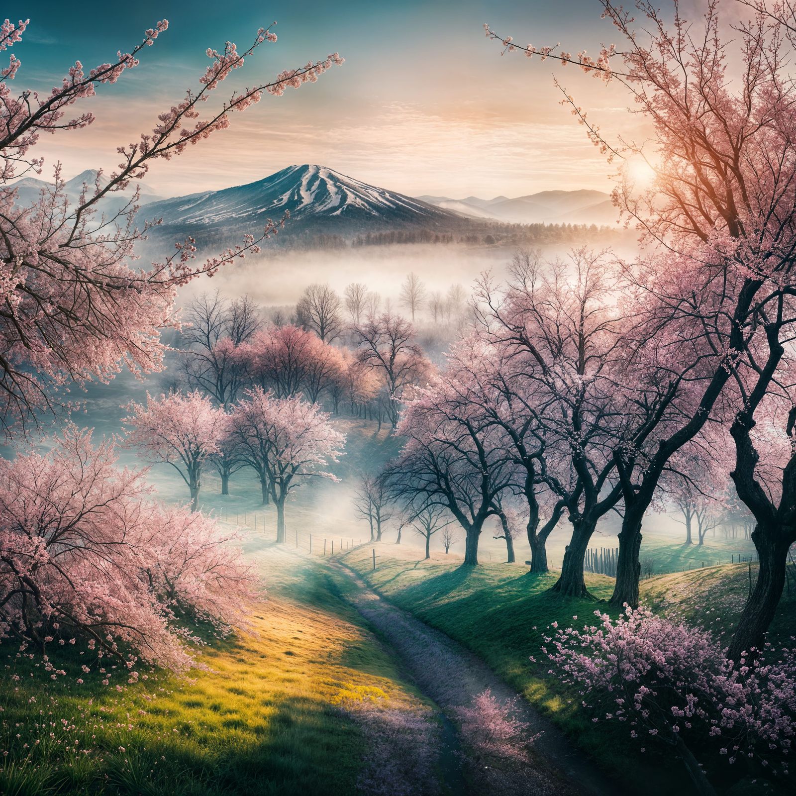 Serene Cherry Blossom Landscape in Hyperrealism