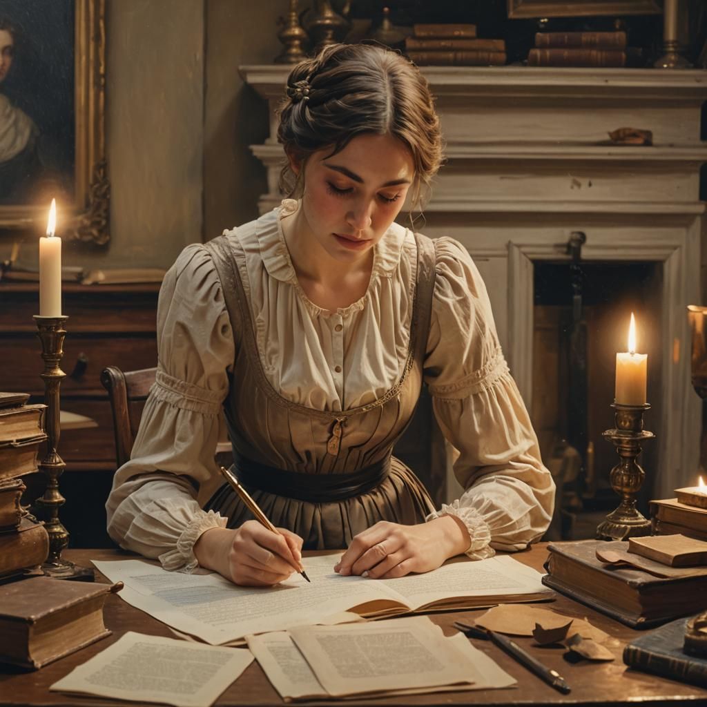 Regency Girl Writing: Soft Oil Painting Style