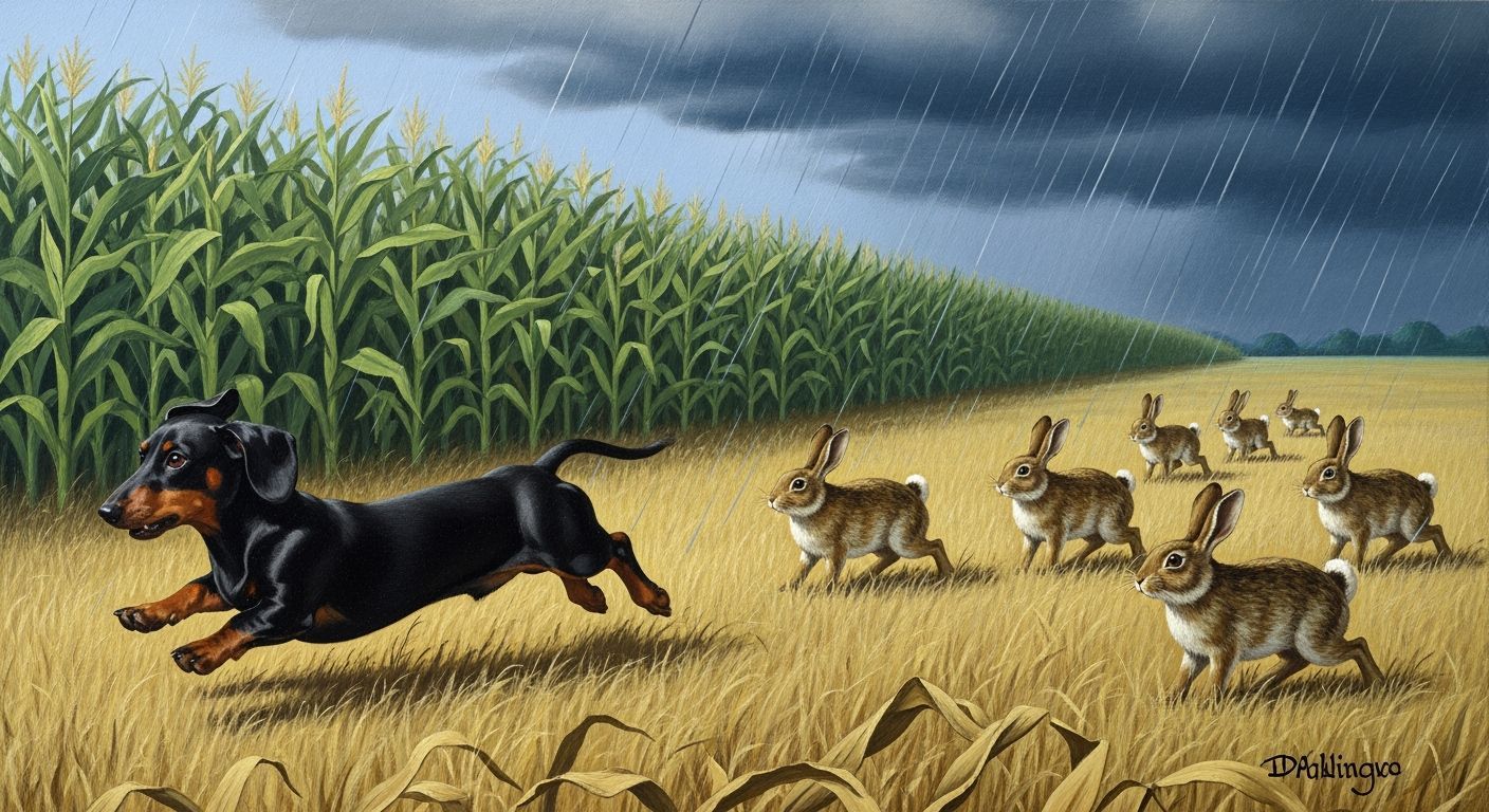 Dachshund's Wild Run Through Cornfield, Cubist Style