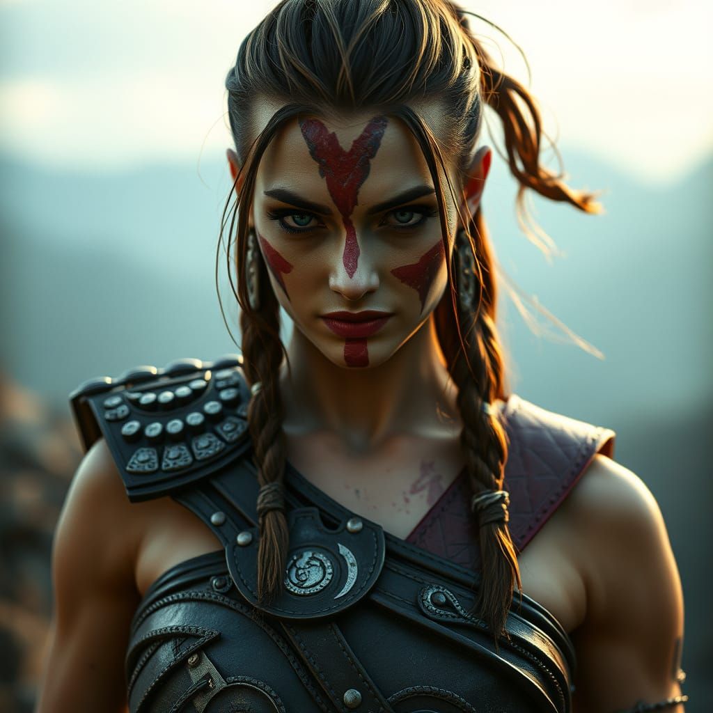 Epic Female God of War in Cinematic Film Still