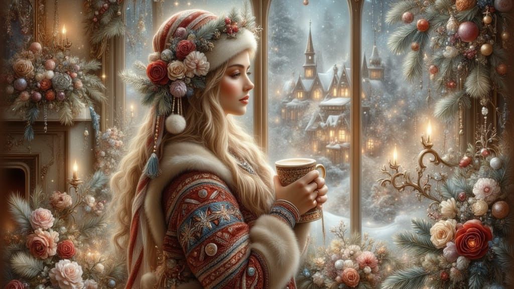 Cozy Christmas Scene: Woman with Hot Cocoa by Snow-Covered W...