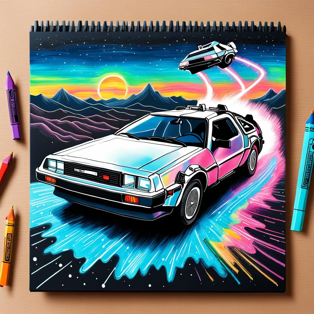 Delorean Flies Through Space in Synthwave Crayon Art
