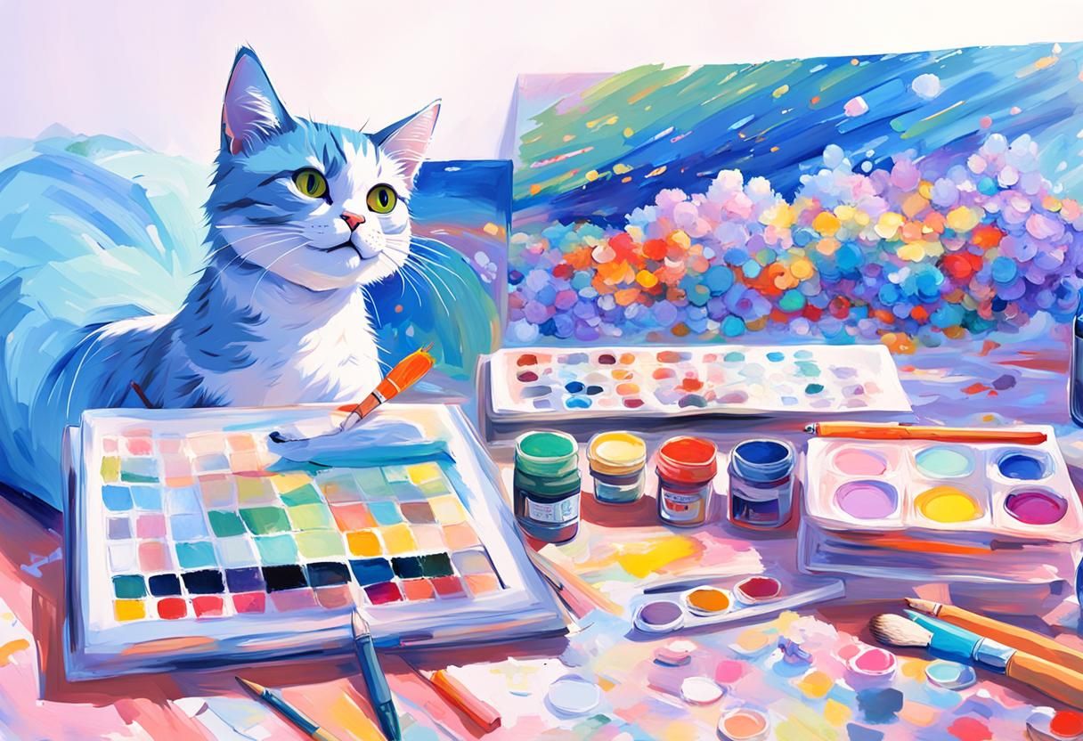 Cartoon Cat in Anime-Inspired Neo-Impressionism Style