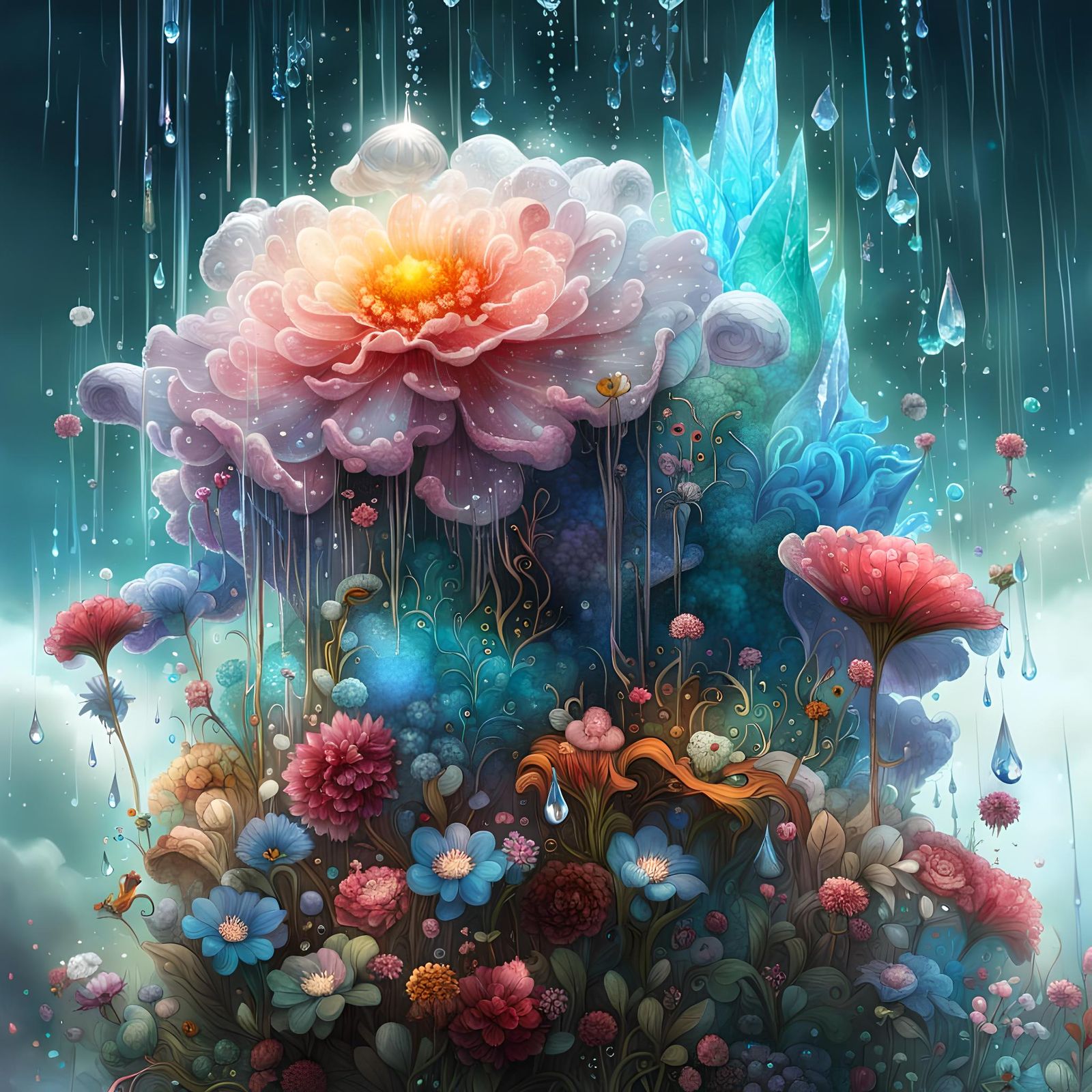 Crystal Raindrops on a Blooming Flower