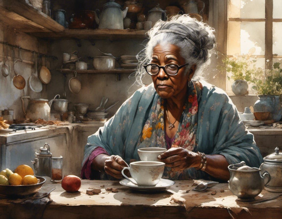 Hyperrealistic Portrait of Sleepy Woman Drinking Coffee