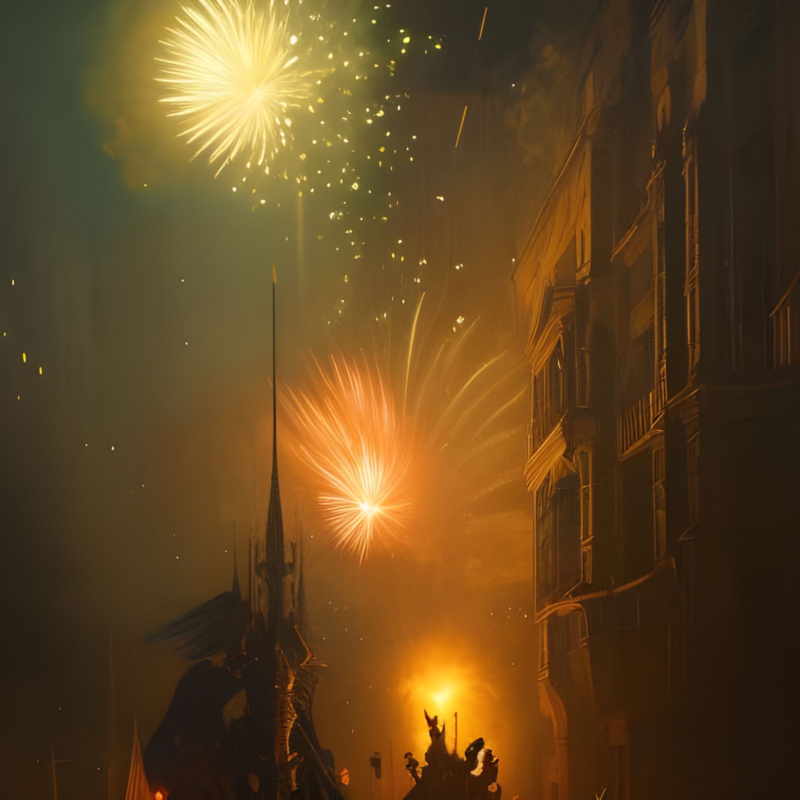 Spectacular Nightly Fireworks Display in Dark Fantasy Style