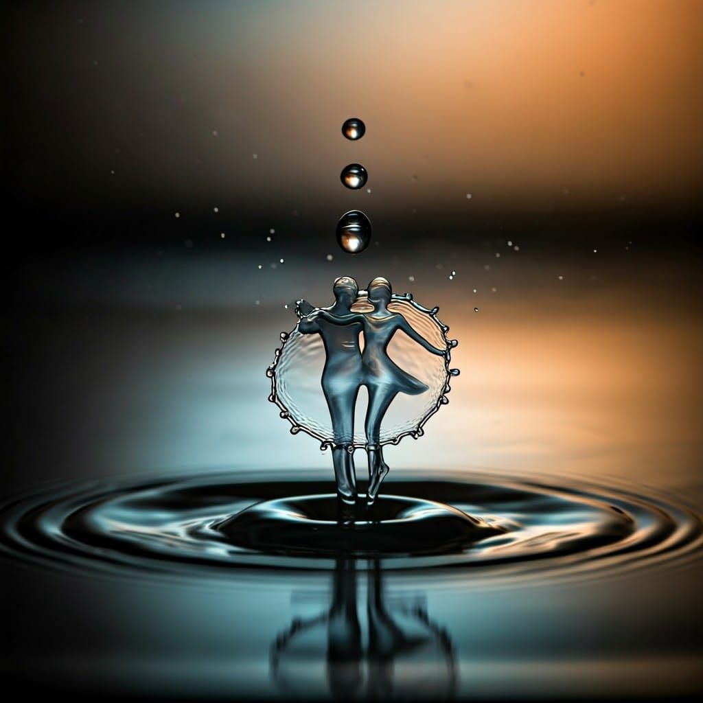Water Droplets Form Whimsical Dancing Couple Silhouette