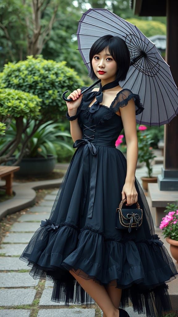 Thai Woman in Gothic Lolita Dress in Japanese Garden