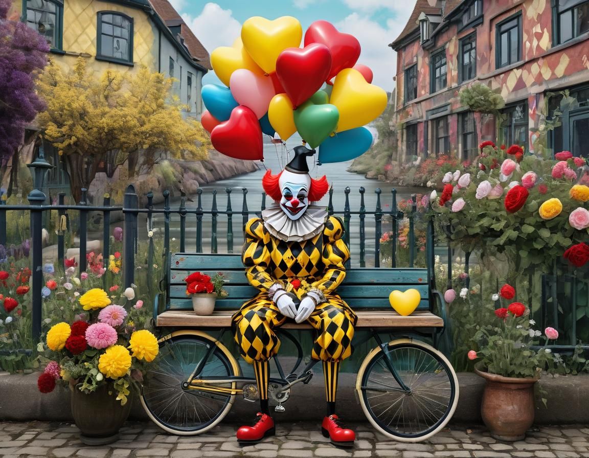 Sad Jester with Balloons in Surreal Watercolour