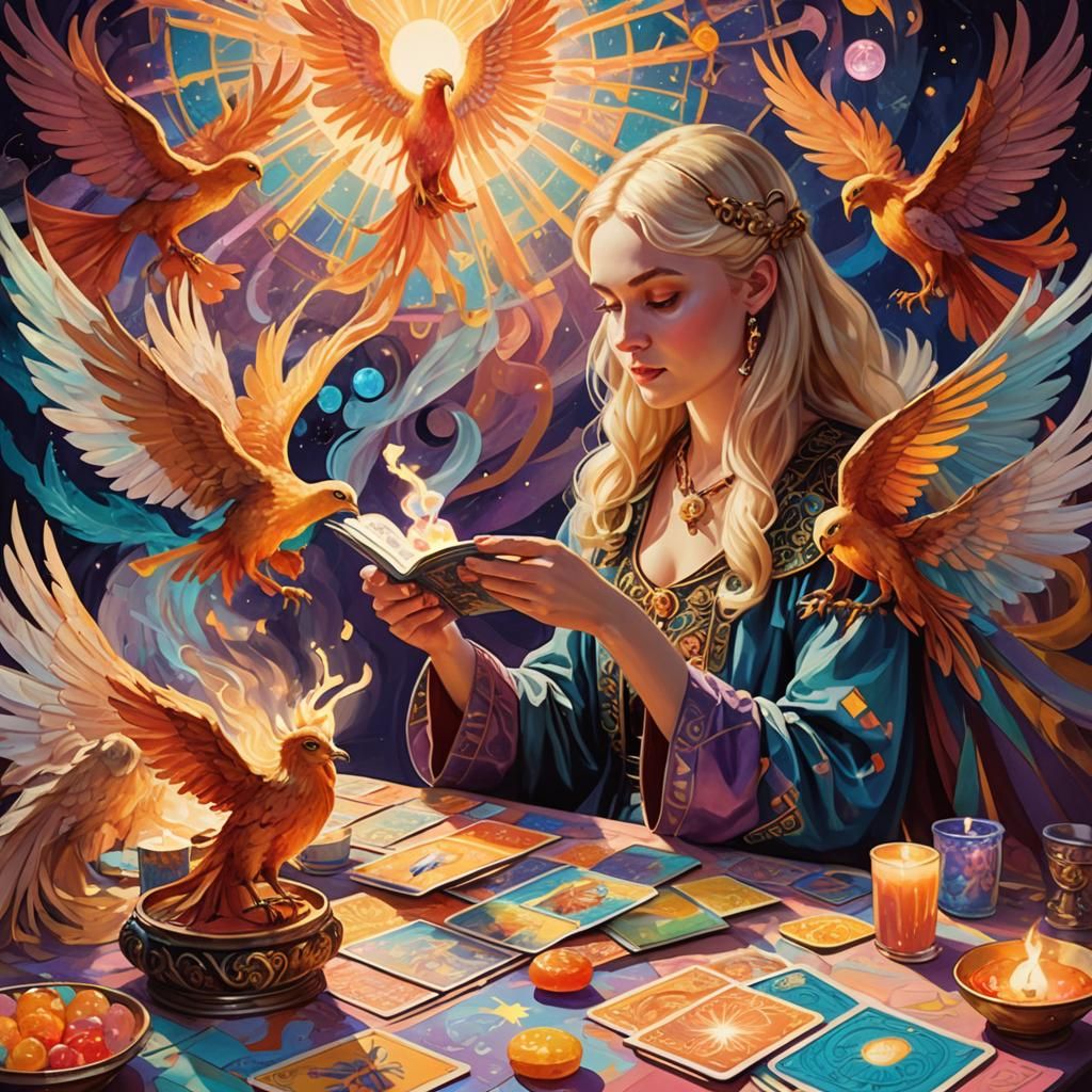 Tarot Reader and Bandaged Phoenix in Candy Art Style