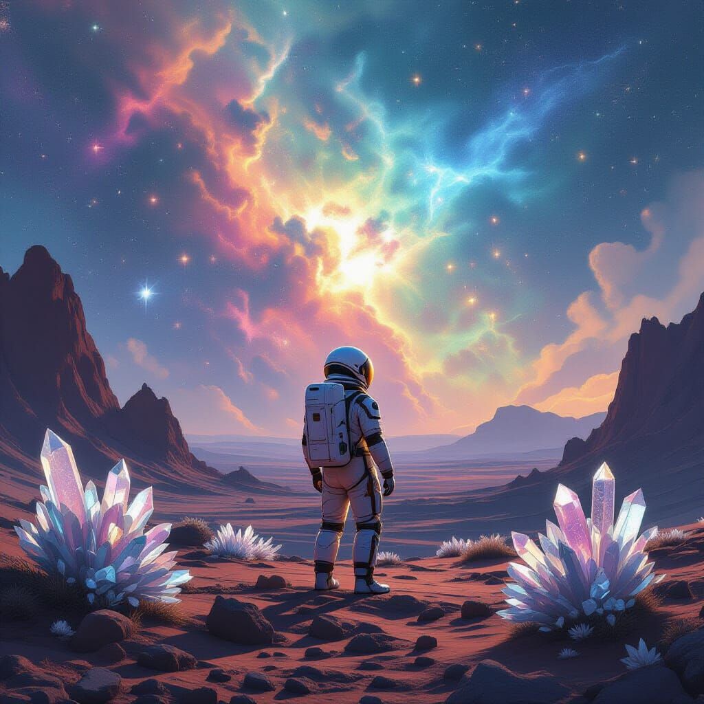 Astronaut Gazing at Nebula on Alien Planet