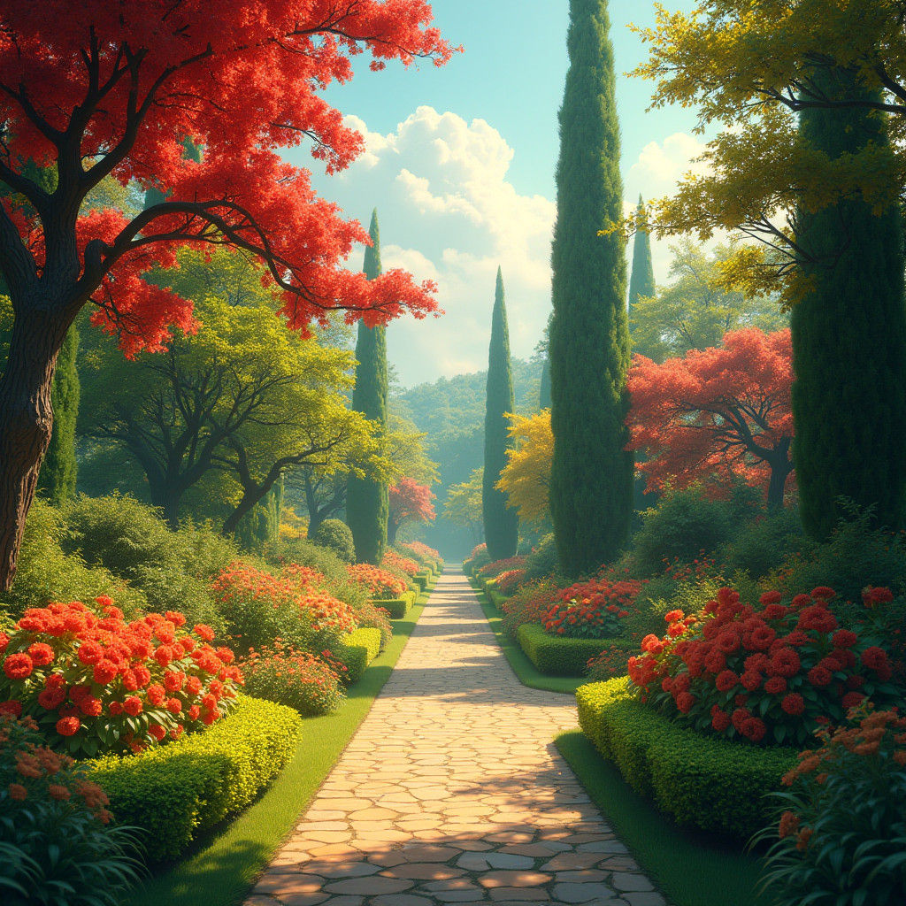 Vibrant Garden Pathway with Red and Yellow Flowers