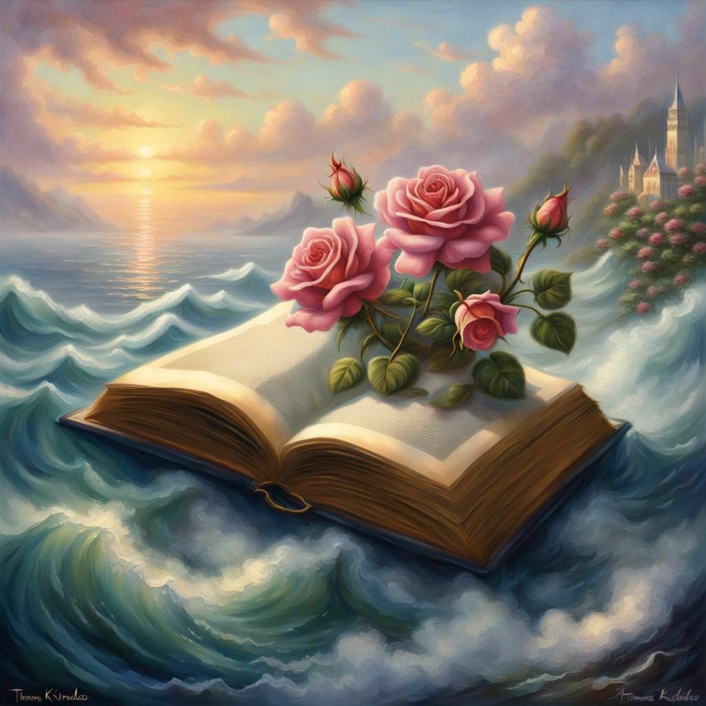 Roses Decorate Earth on Floating Book: Fantasy Art