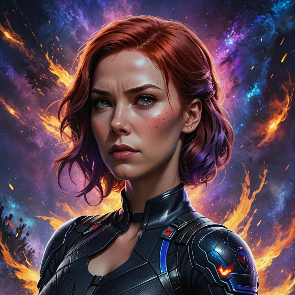Black Widow with Phoenix in Galaxy, Hyperrealistic Art