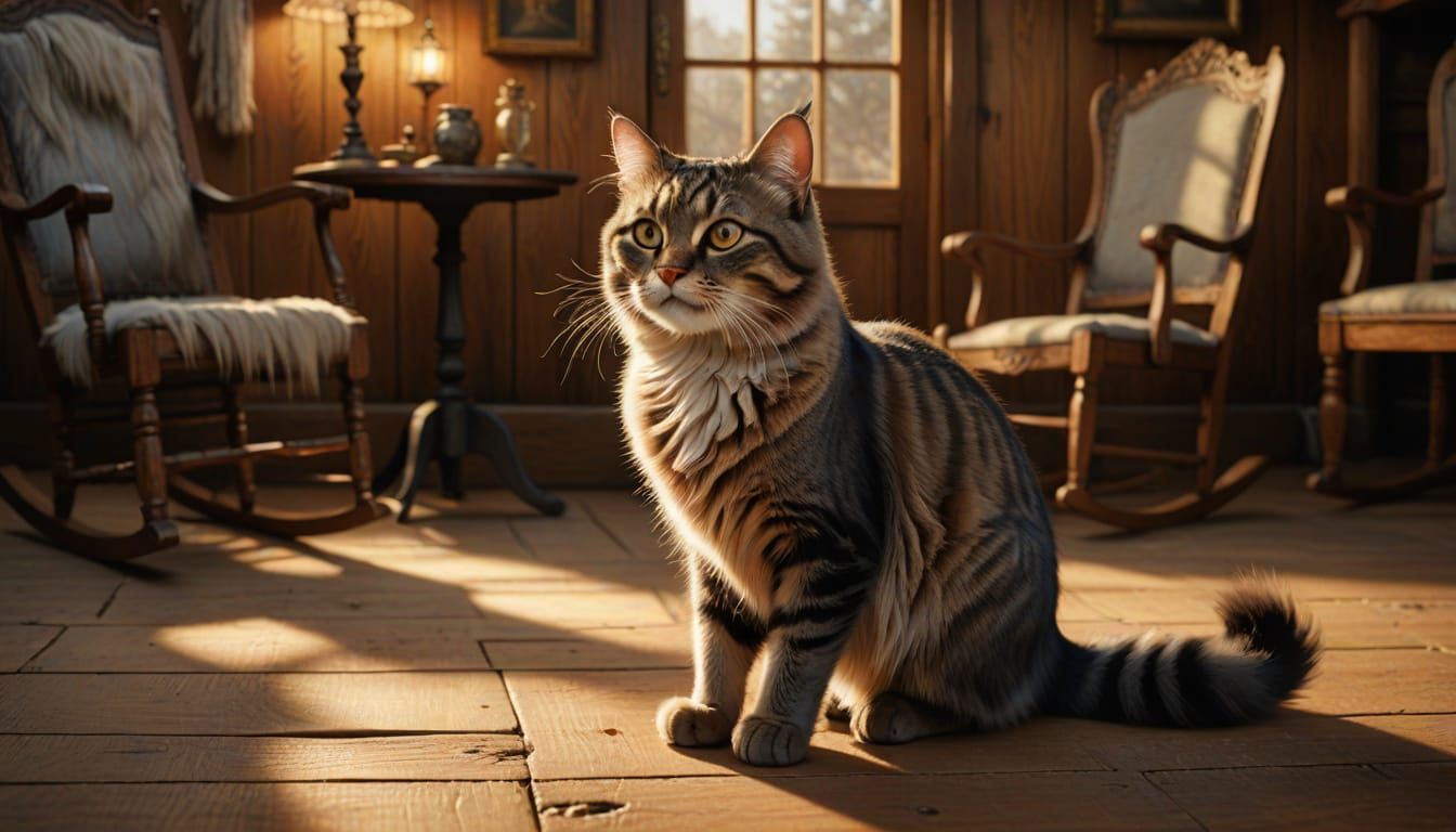 Cat Pauses in Room with Rocking Chairs