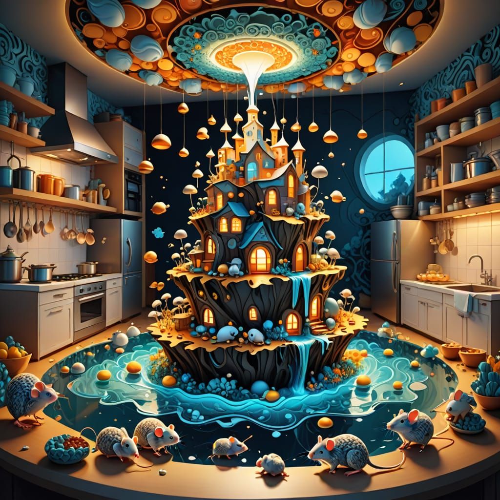 Floating Island Kitchen with Mice in Vibrant Vector Style