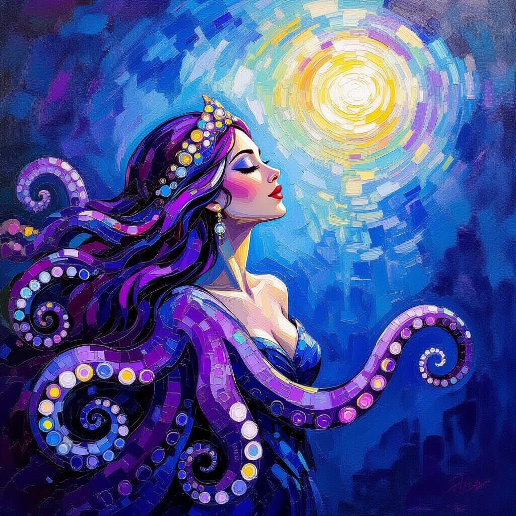 Purple Squid Goddess in Neo-Impressionist Style