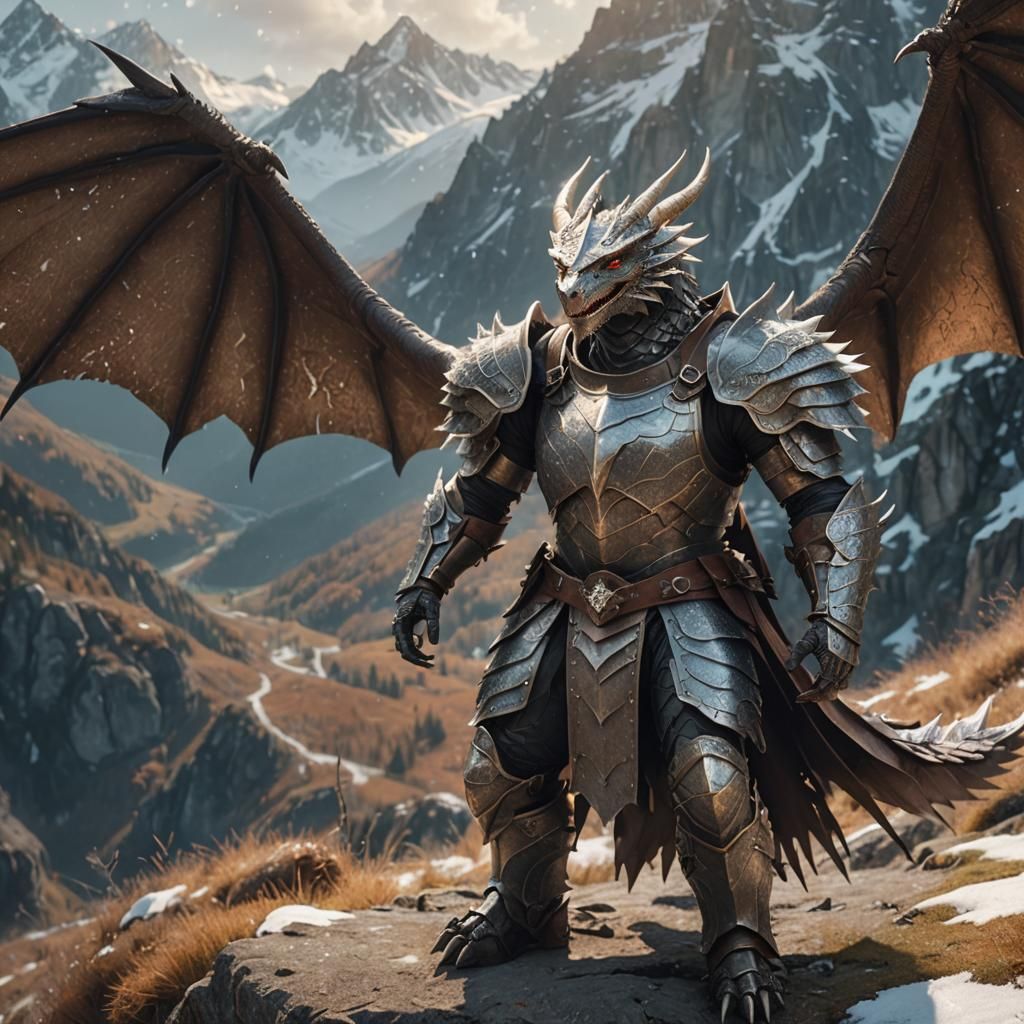 Winged Draconian Warrior on Alpine Trail