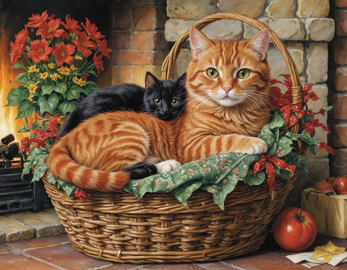 Cozy Cats Cuddle by Fireplace in Storybook Style