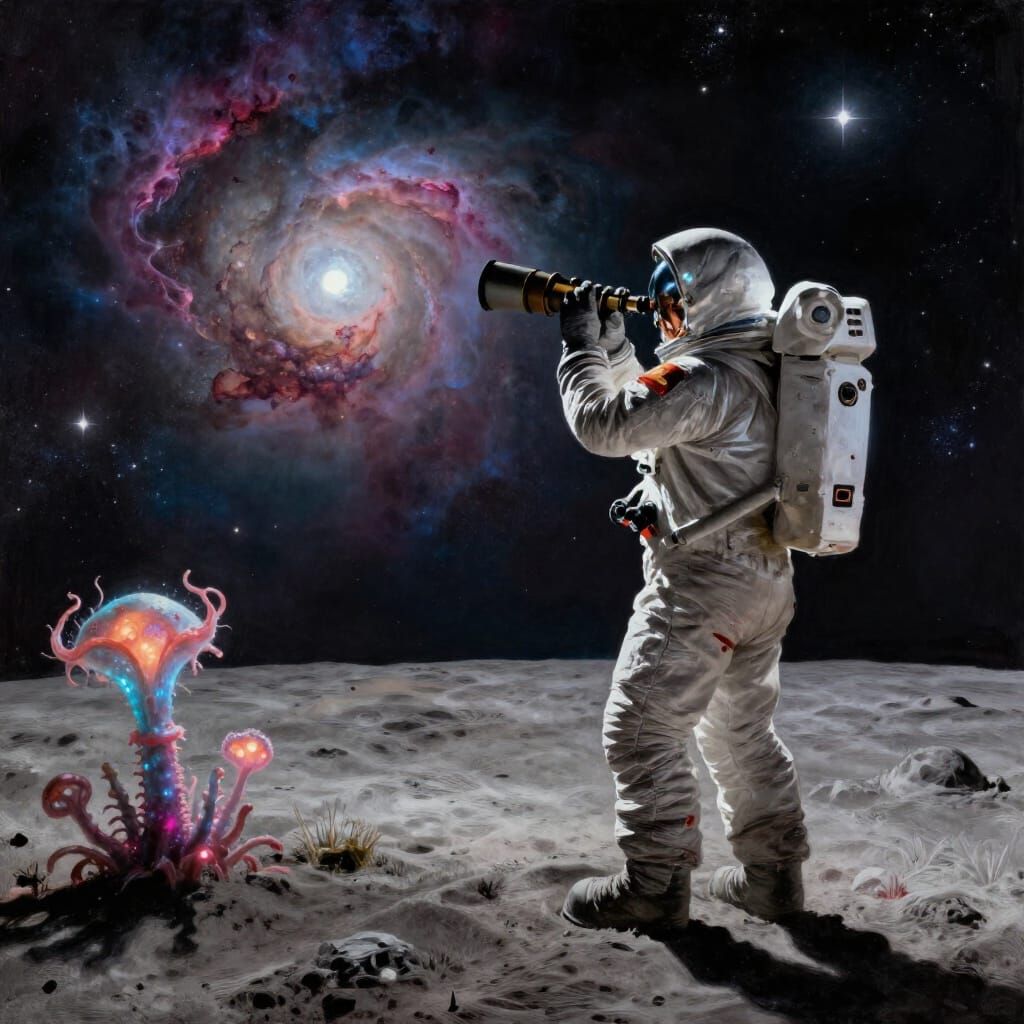 Astronomer on Moon Gazing at Nebula with Glowing Plants