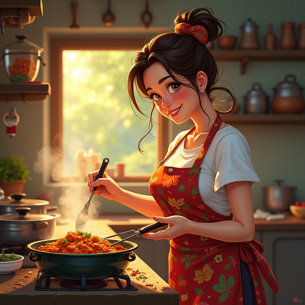 Female Chef Cooking Curry: Digital Art Illustration