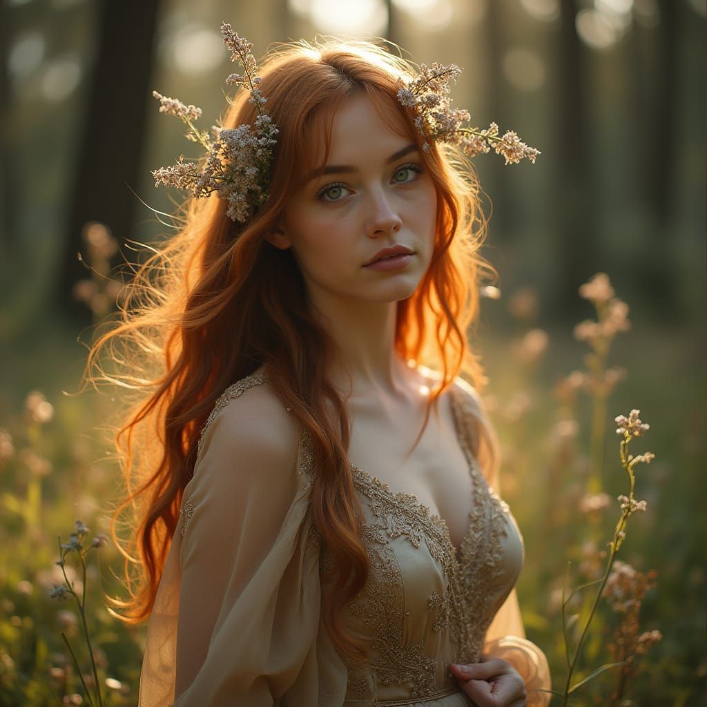 Serene Woman in Forest, Pre-Raphaelite Style