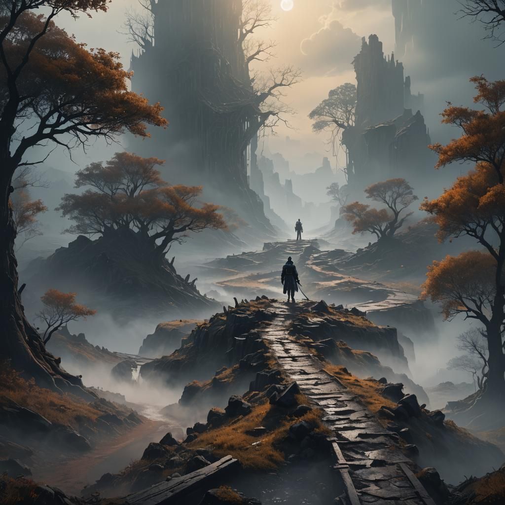 Figure at Misty Crossroads: Fantasy Concept Art