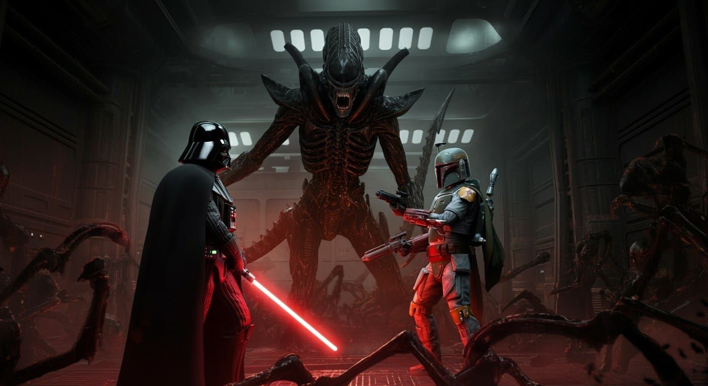 Darth Vader and Boba Fett teaming up to fight Xenomorphs