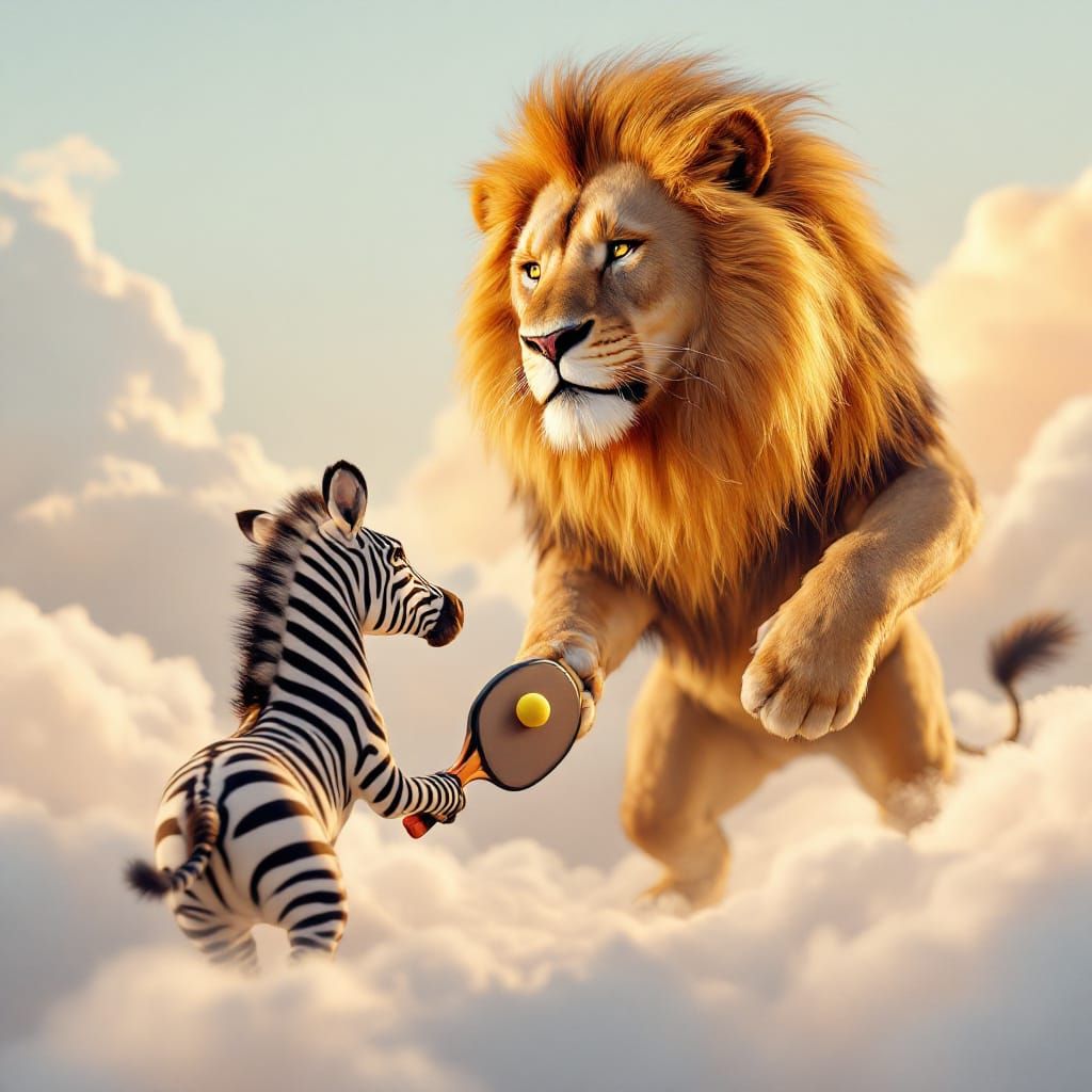 Lion and Zebra Play Pickleball on Cloud