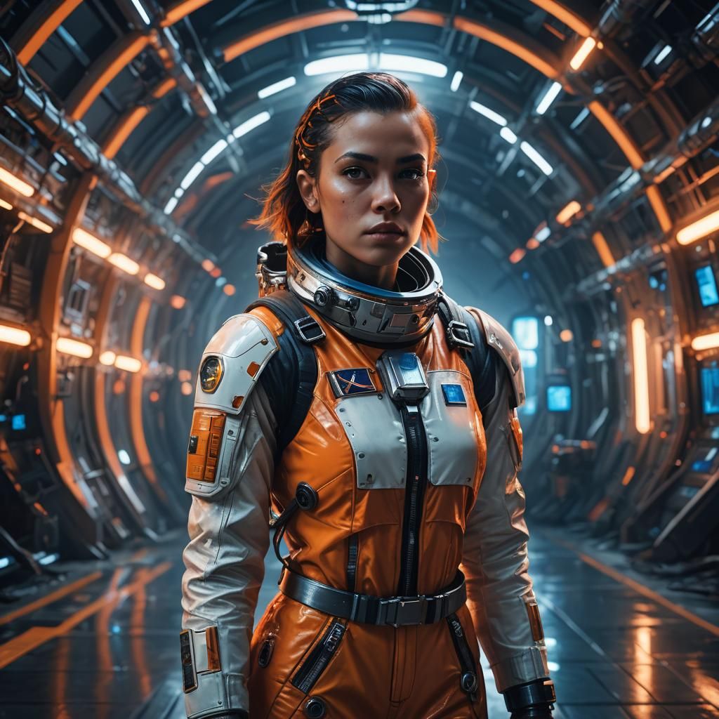 Futuristic Woman in Sci-Fi Setting with Shaved Hair