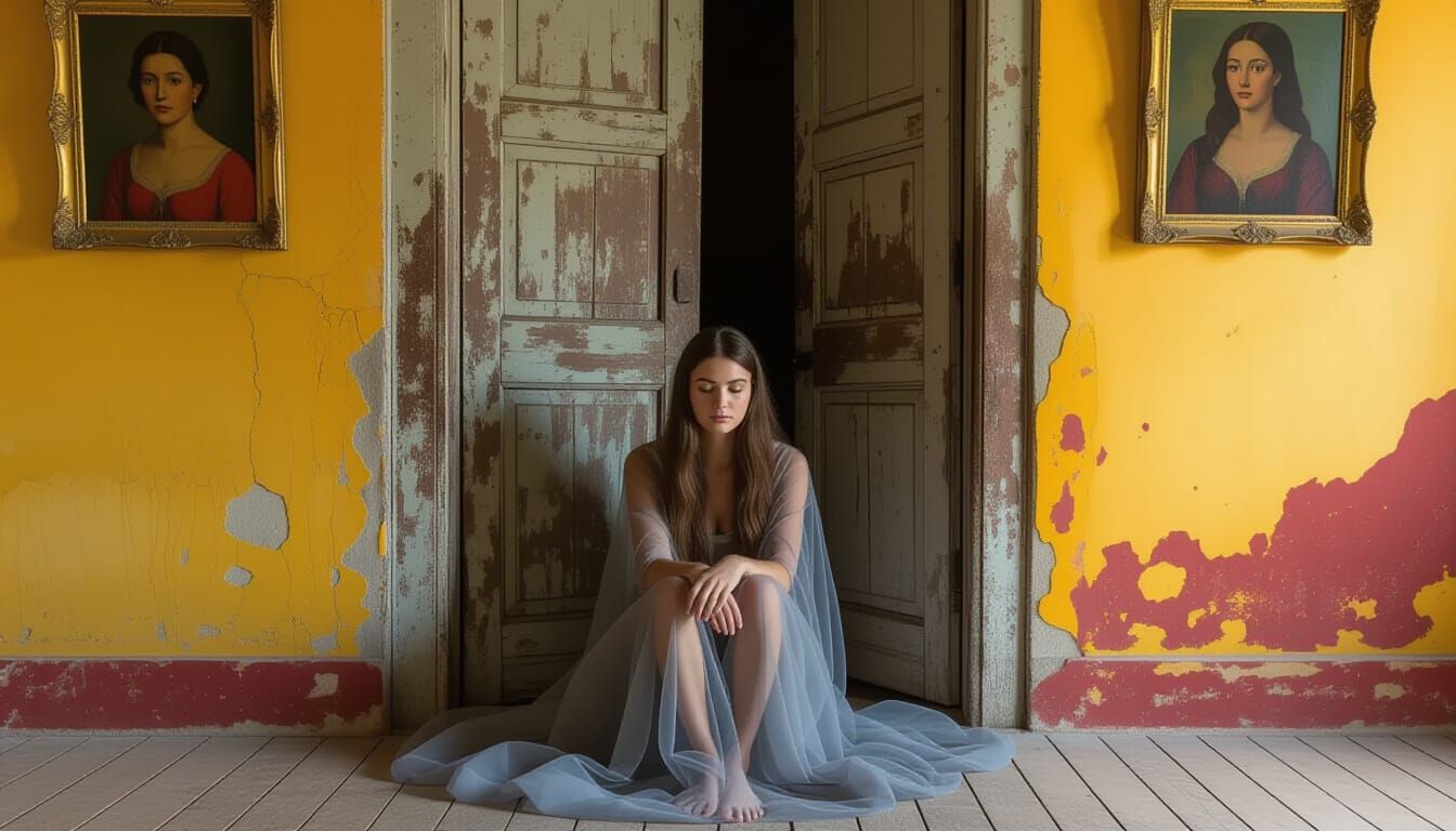 Contemplative Woman in Grunge Art Style with Portraits