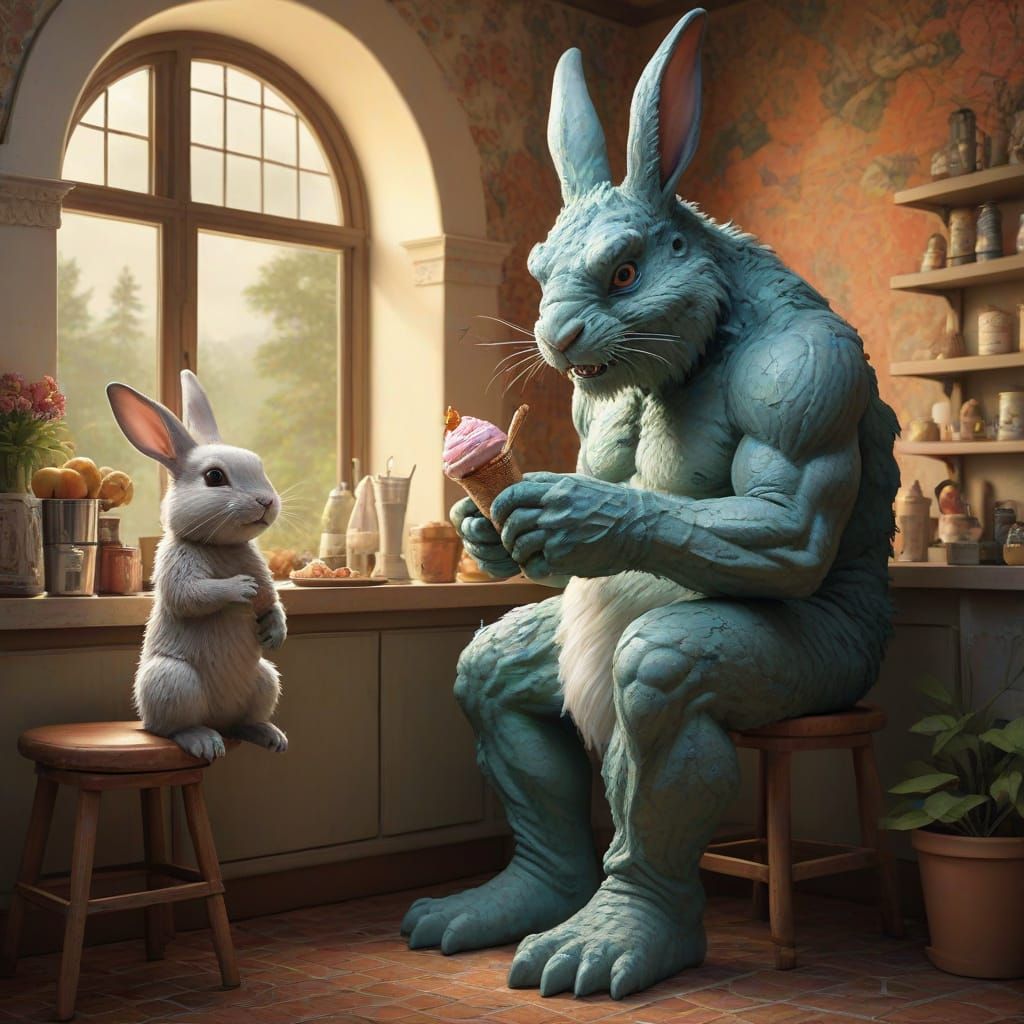 Troll and Bunny Enjoy Ice Cream Together, Whimsical Art