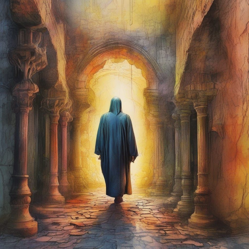 Hyperrealistic Elder Walks Sacred Passage with Vibrant Ink S...