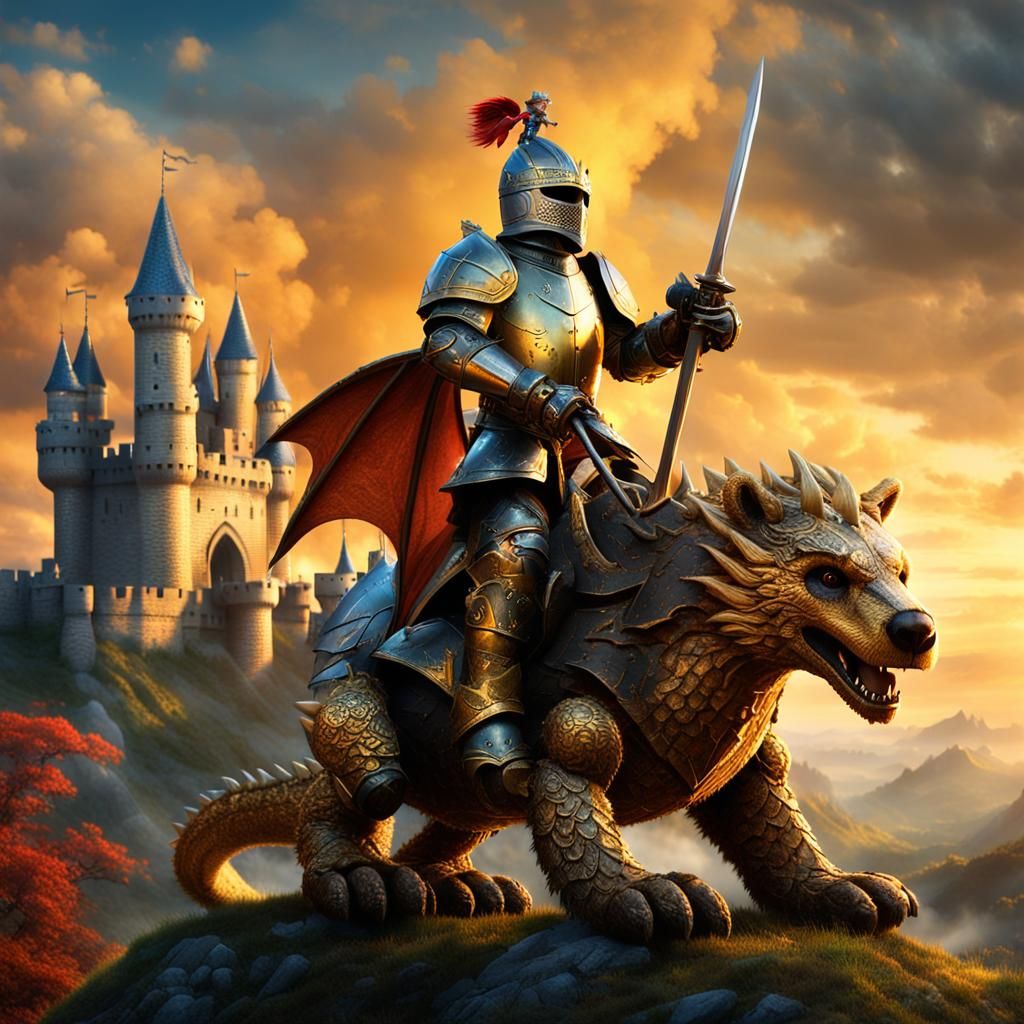Teddy Bear Knight on Dragon, Epic Fantasy Art