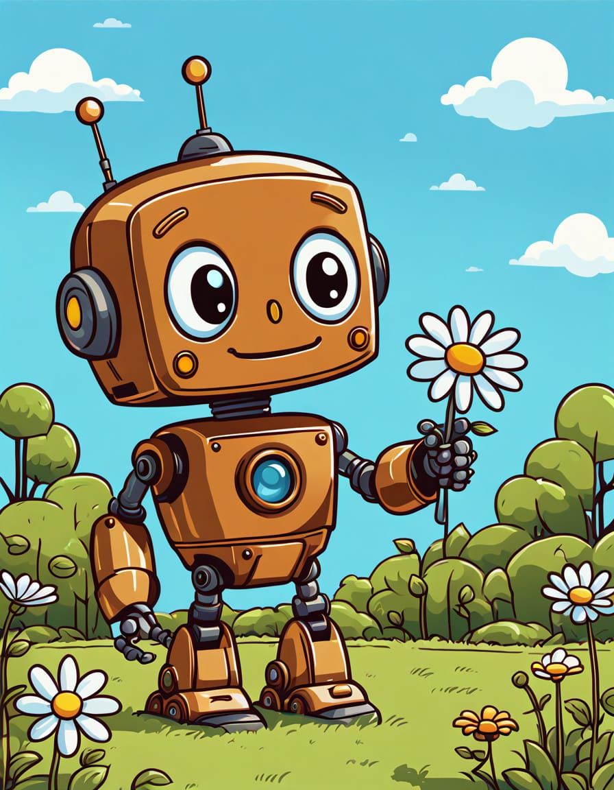 Retro Robot's Daisy Gift in Cartoon Style