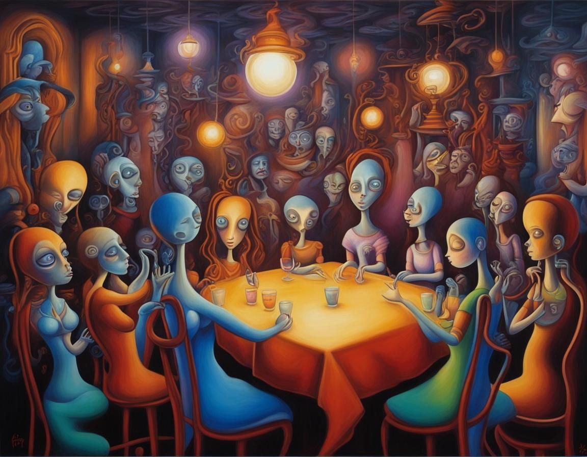 Soft Glow in Nighttime Café Illuminates Gathered Figures