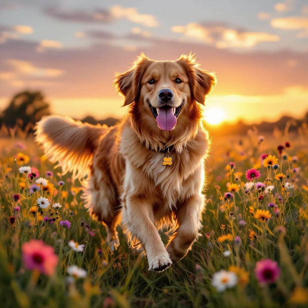 Golden Retriever Runs Through Wildflower Field at Sunset