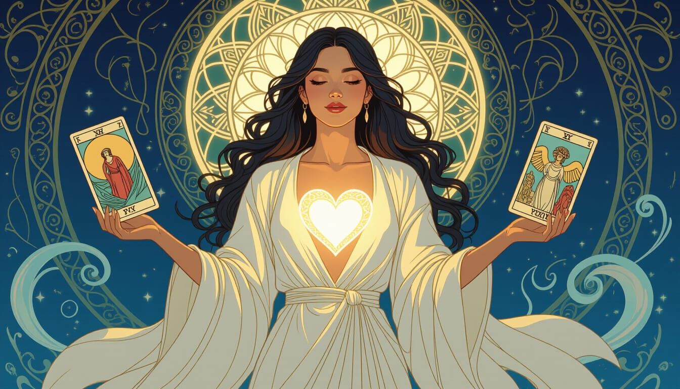 Ethereal Woman with Glowing Heart in Art Nouveau Style