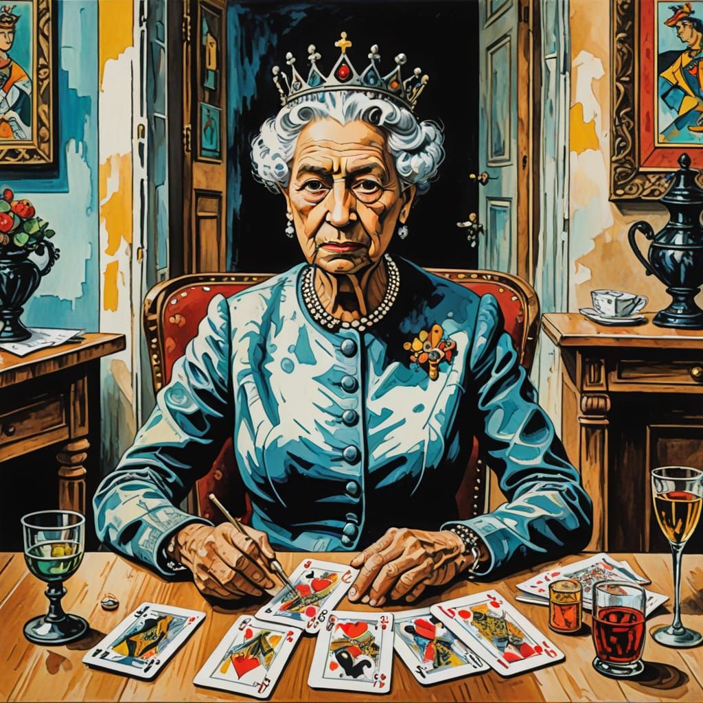 Queen at Canasta Game: Surreal Ink and Watercolor