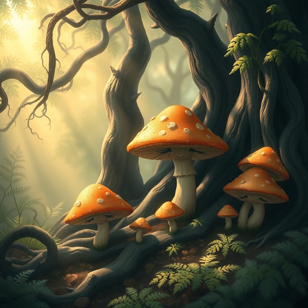 Enchanted Forest Scene with Whimsical Mushrooms